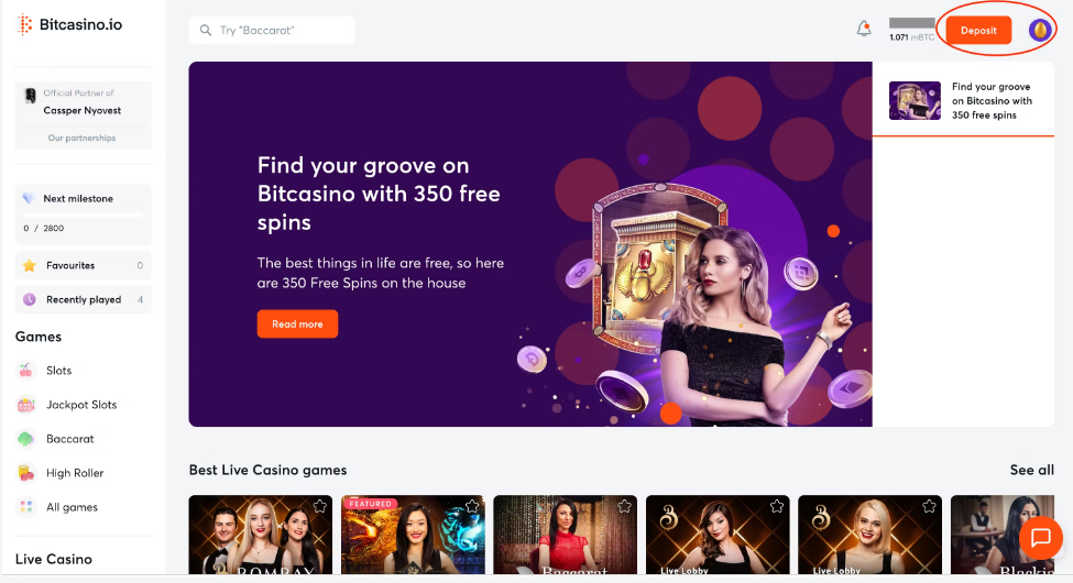 เลือกที่เงินฝาก Bitcasino.io