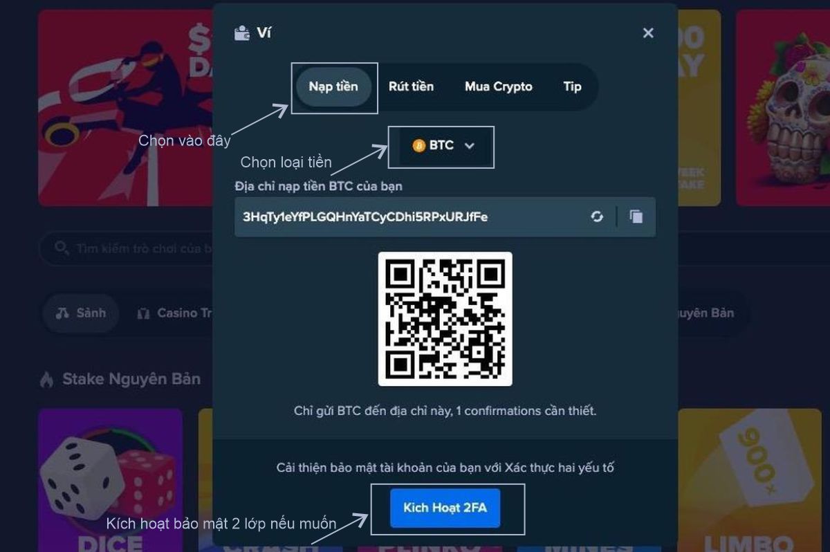 Nạp tiền Stake bằng tiền điện tử