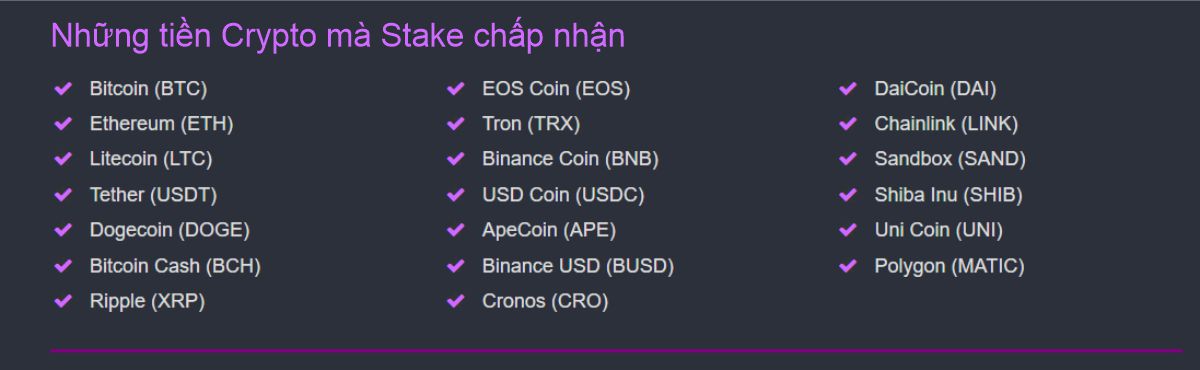 Những đồng tiền ảo stake casino chấp nhận