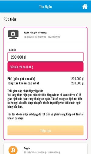 Điền vào số tiền muốn rút tại Happyluke